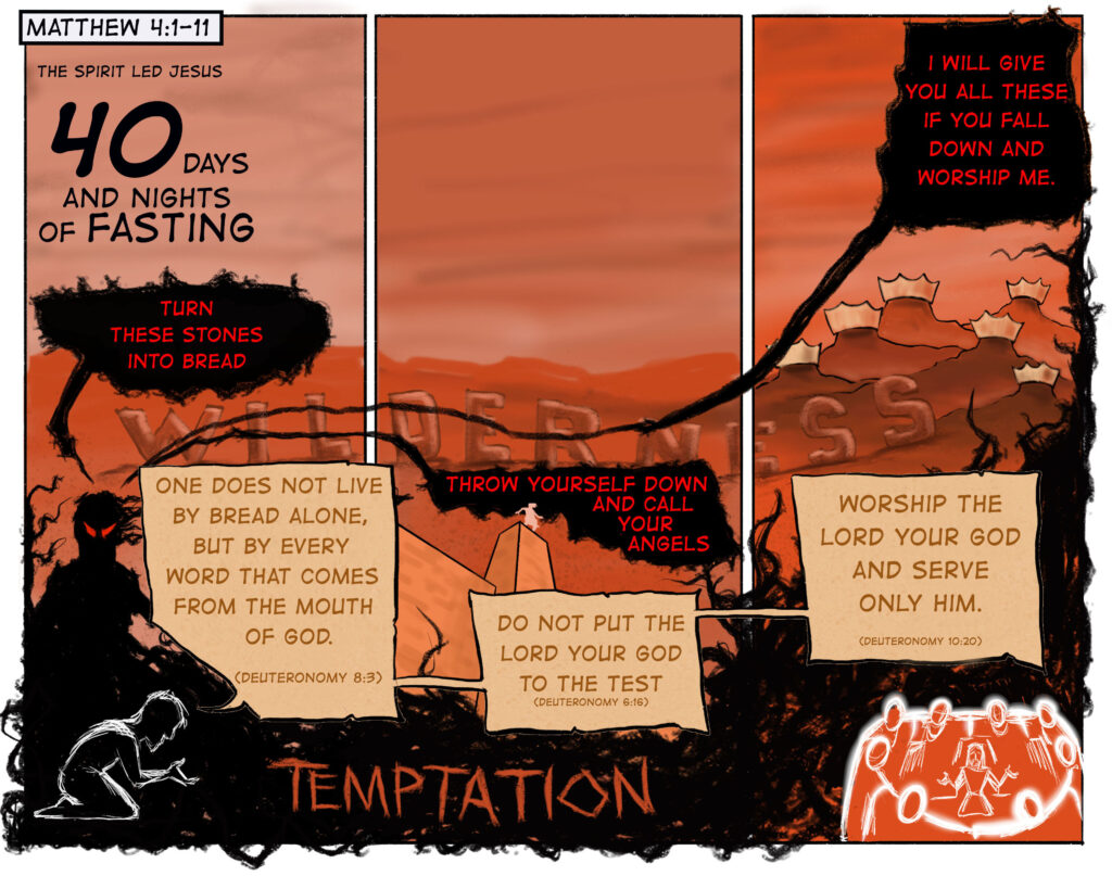 Jesus is tempted by the Devil in the wilderness in Matthew 4:1-11.