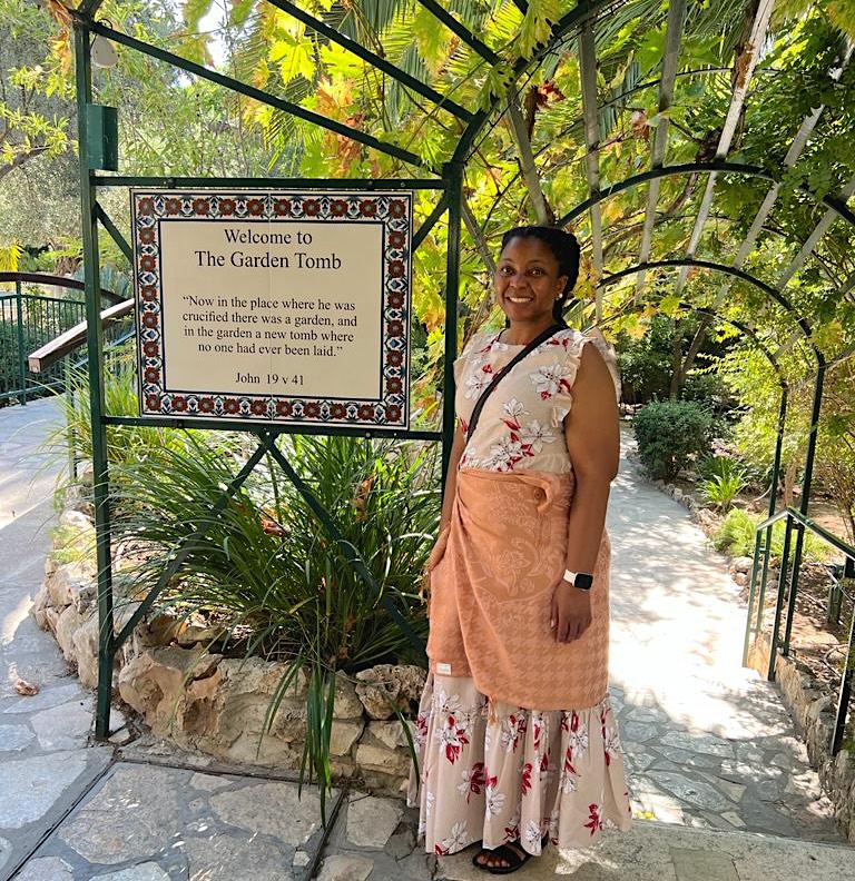 Omega Mwamini at the Garden Tomb in Israel, where it is believed Jesus was buried.