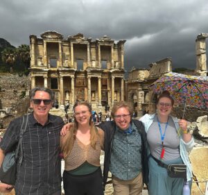 Luther Seminary faculty and students Matt Skinner, Christa Garcia, Eric Nelson, and Karla Leitzman in front of ancient ruins in Türkiye as part of Professor Skinner’s travel course Early Church and Empire.