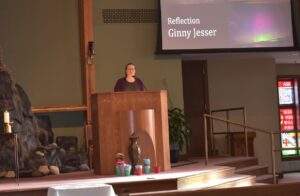 Ginny Jesser, M.Div. student at Luther Seminary, sharing a Lenten message from a church pulpit